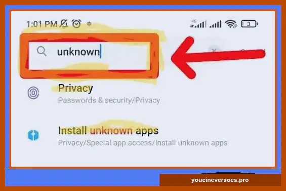 Busca do Android pela opção de instalar apps desconhecidos