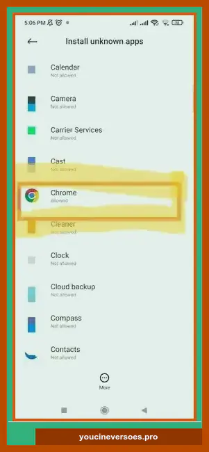 Lista de aplicativos para escolher o Chrome como origem do APK