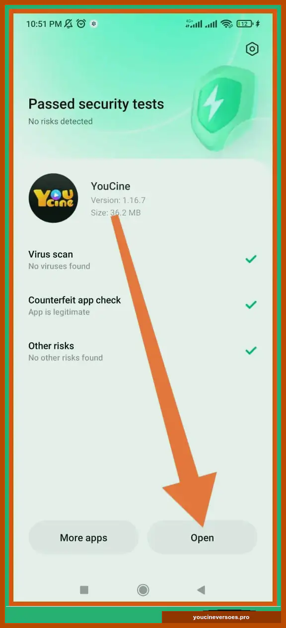 Tela de verificação concluída com botão para abrir o YouCine